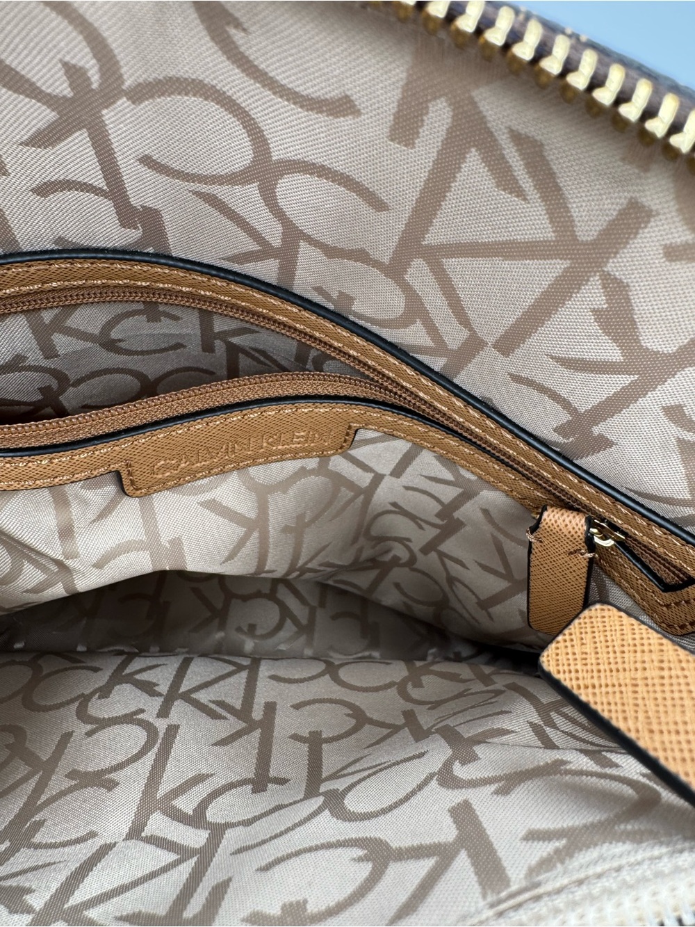 Calvin Klein Signature Dome Satchel- Brown Monogram Pattern with Tan Trim - Picture 14 of 14